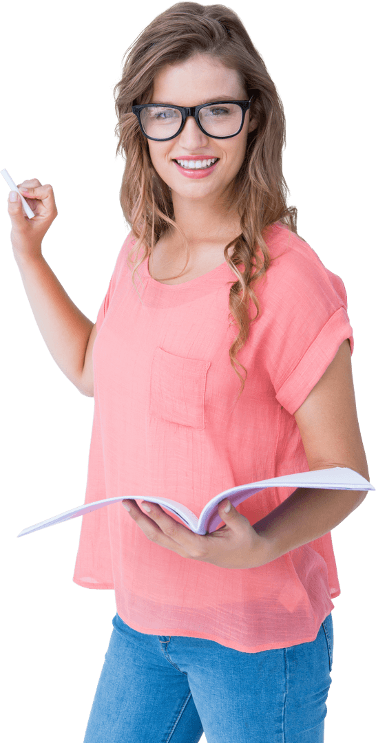 Hipster Woman Holding Notebook Smiling with Confidence Transparent Background