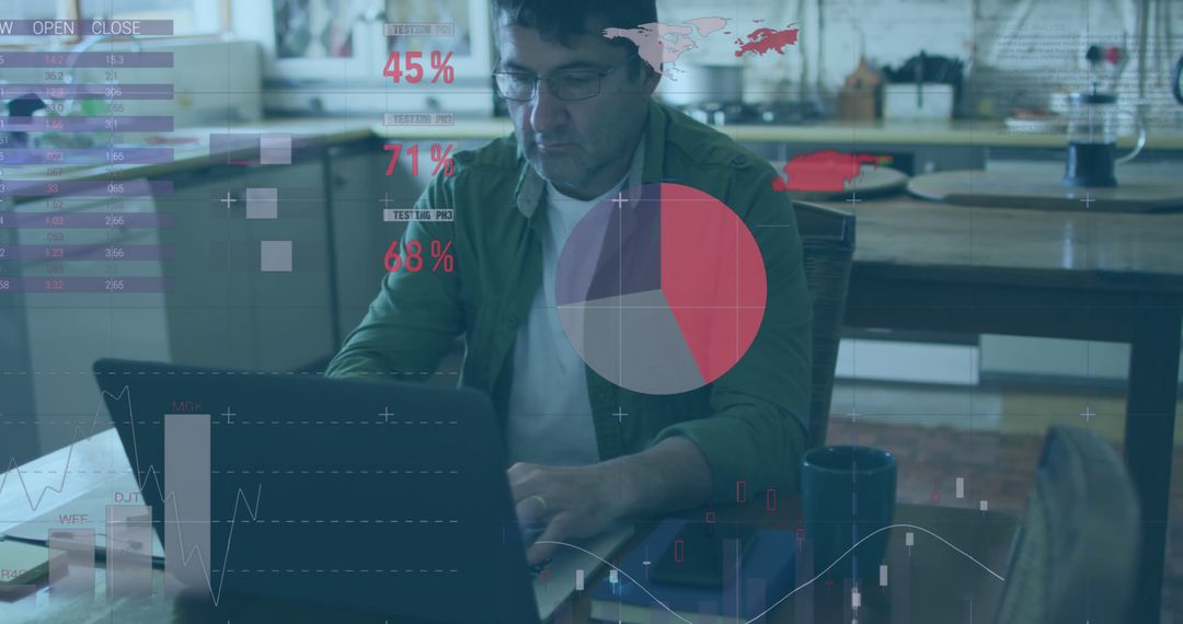 Middle-aged man analyzing data on laptop with graphs overlay - Free Images, Stock Photos and Pictures on Pikwizard.com