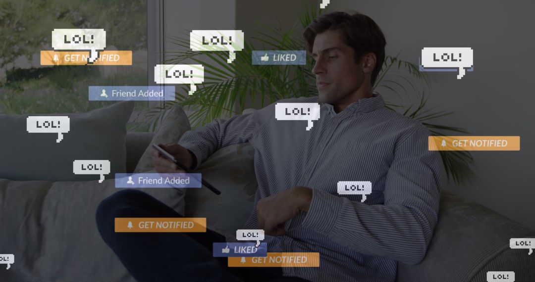 Man Using Digital Tablet with Overlaid Social Media Icons