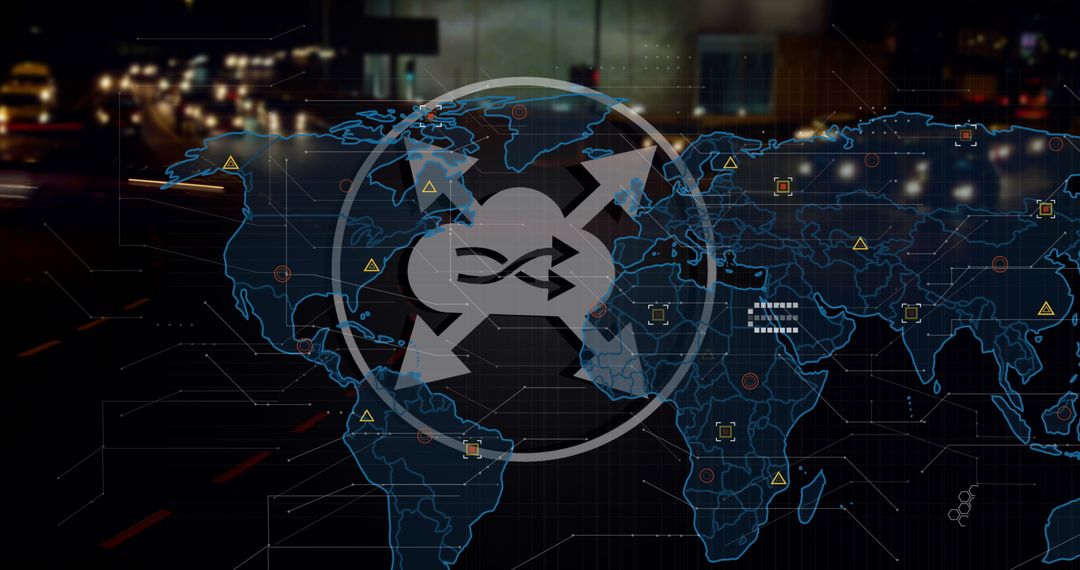 Digital Global Interface Map with Connectivity Icons City Night Scene