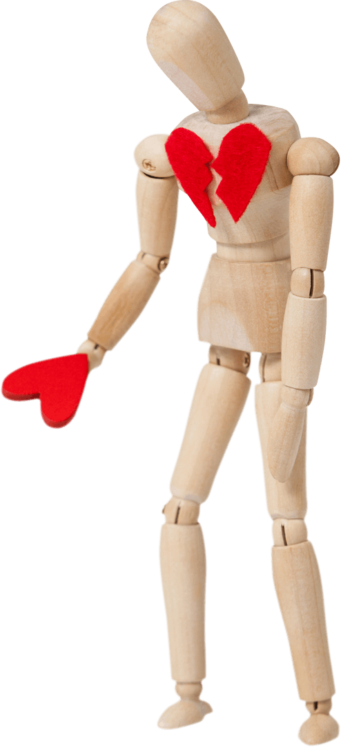 Brokenhearted Wooden Figurine with Transparent Background