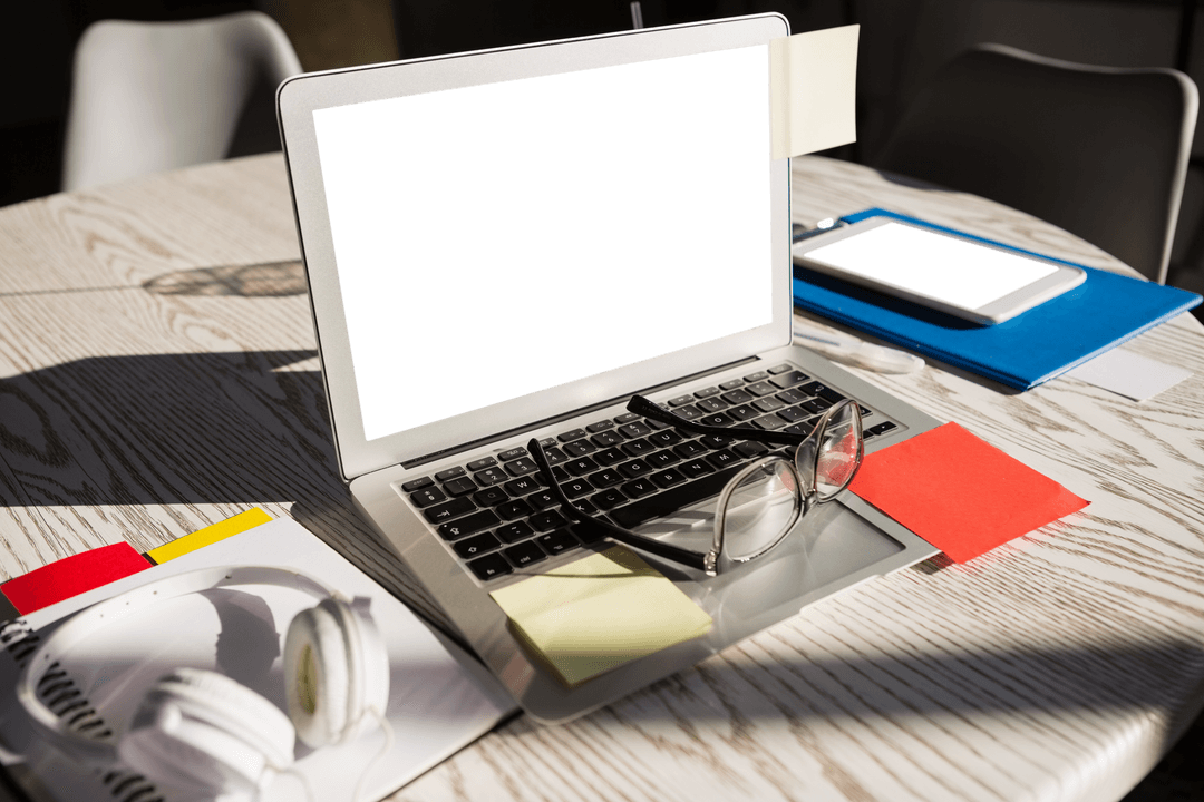 Workspace with Transparent Laptop Screen in Sunny Office