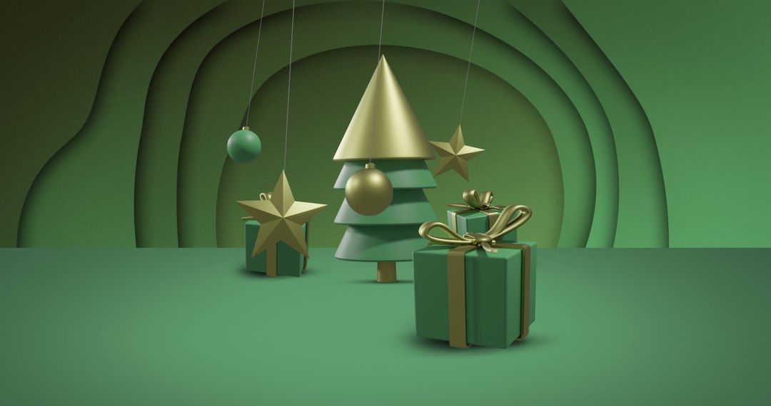 3D Green and Gold Christmas Scene with Tree and Gifts