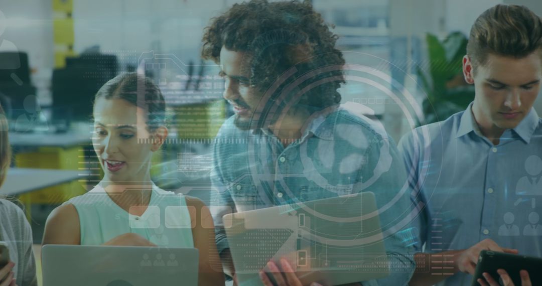 Diverse Professionals Collaborating on Digital Technology