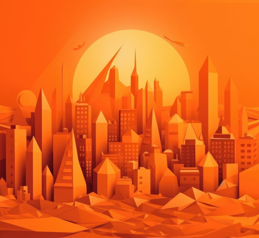Origami cityscape with sunset on orange background, created using generative ai technology - Free Images, Stock Photos and Pictures on Pikwizard.com