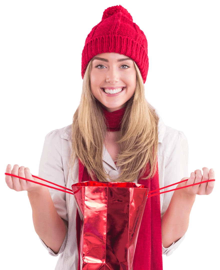 Joyful Woman in Red Scarf Transparent Images Shopping