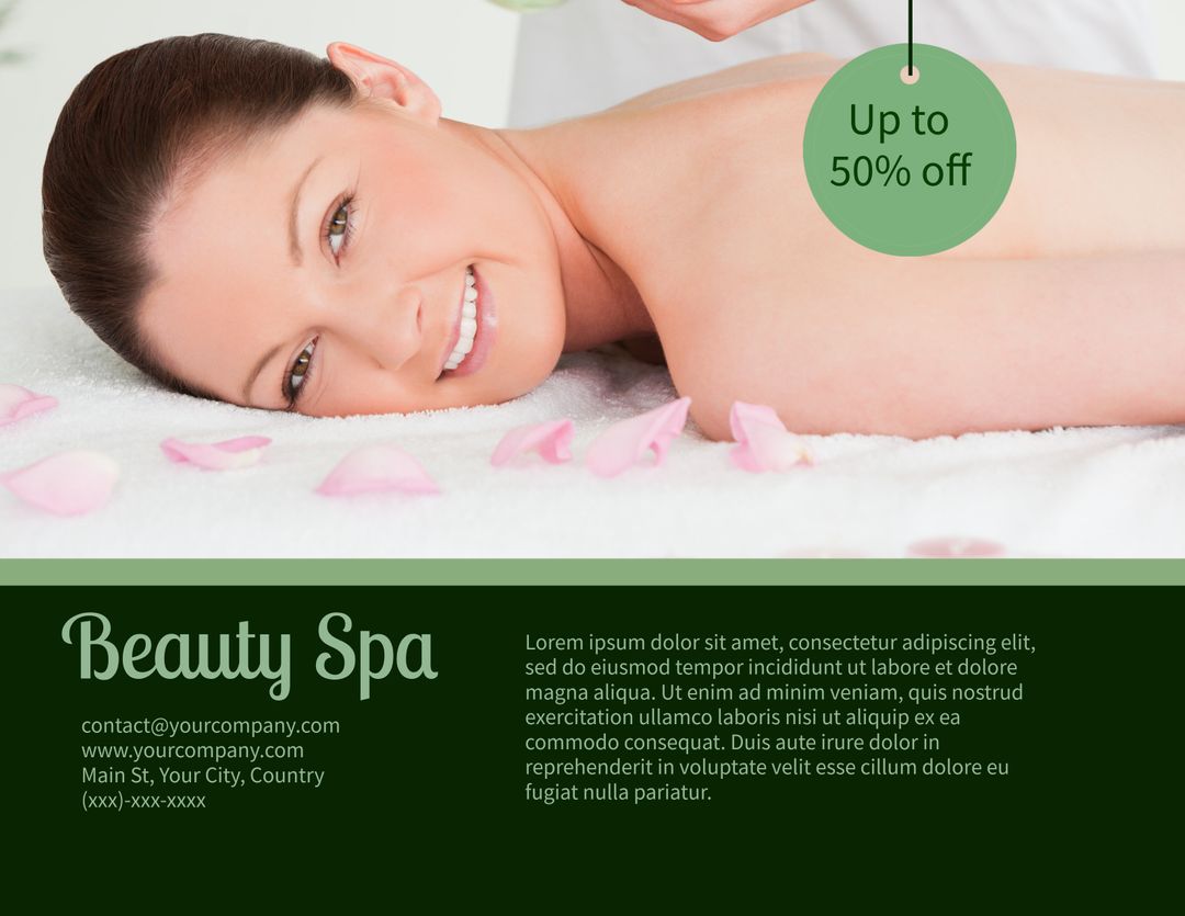 Spa Discount Promotion Featuring Relaxed Woman and Rose Petals