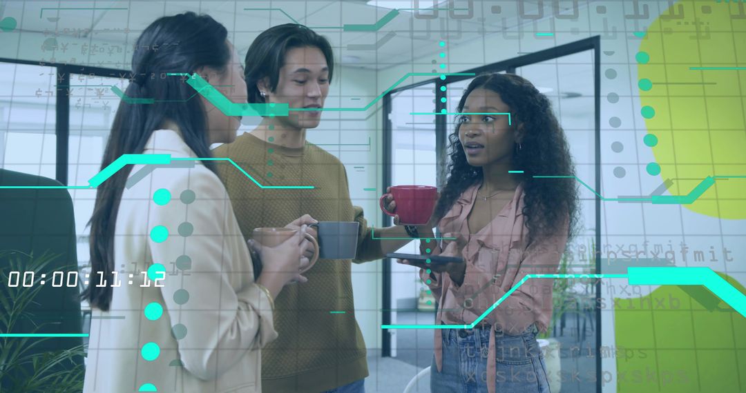 Diverse Team Networking With Tech Overlay in Modern Breakroom