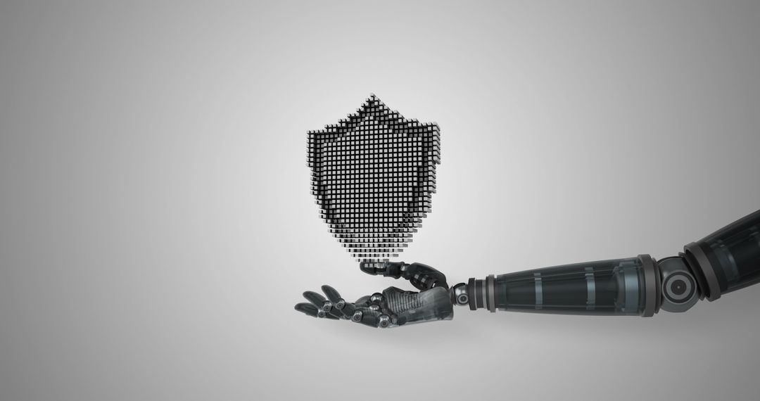 Robotic Arm Holding Digital Shield for Cybersecurity Concept