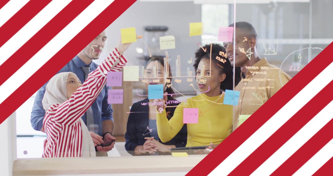 Diverse Team Brainstorming with Sticky Notes and Strategies