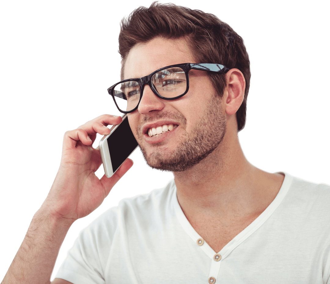 Happy Caucasian Man with Glasses Using Smartphone on Transparent Background