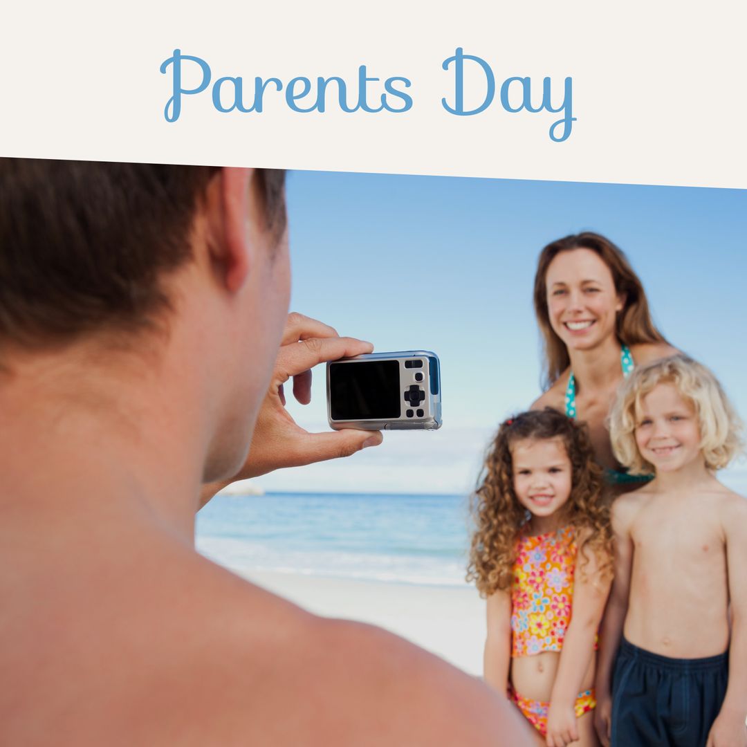 Father Photographing Caucasian Family on Beach for Parents Day Celebration - Download Free Stock Templates Pikwizard.com