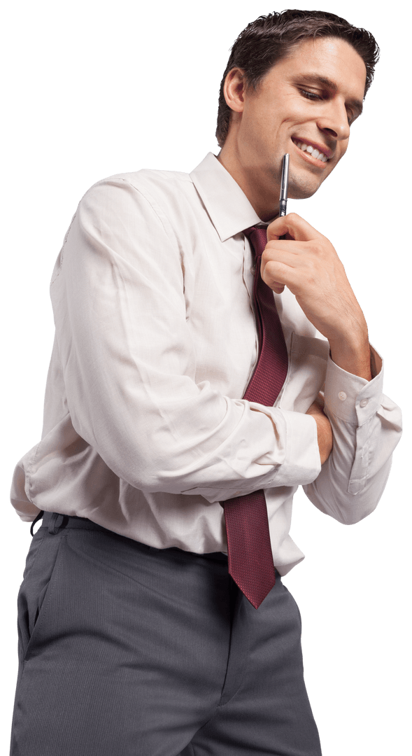Thoughtful Businessman Holding Pen Smiling in Stylish Suit on Transparent Background