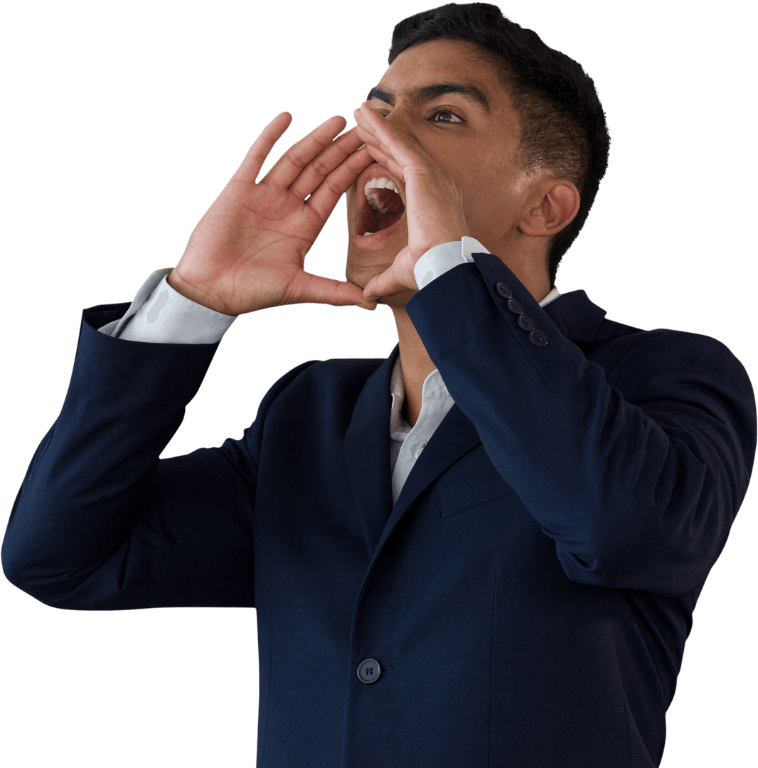 Hispanic Businessman Shouting on Transparent Background