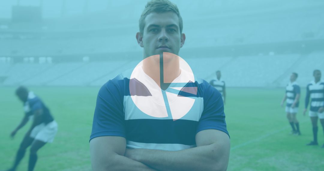 Rugby Player with Digital Statistics Overlay on Field
