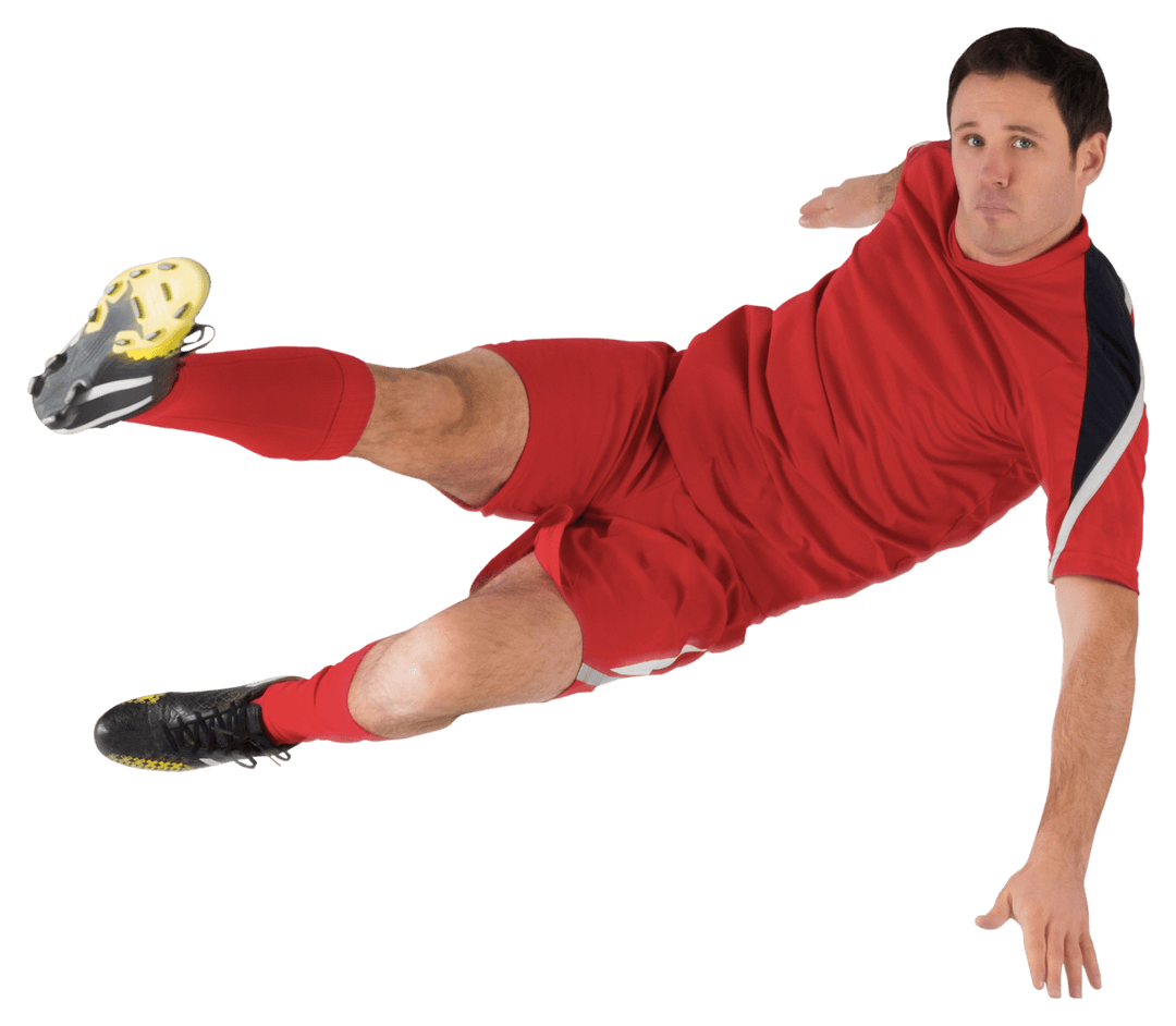 Active Soccer Player in Red Kicking Ball on Transparent Background