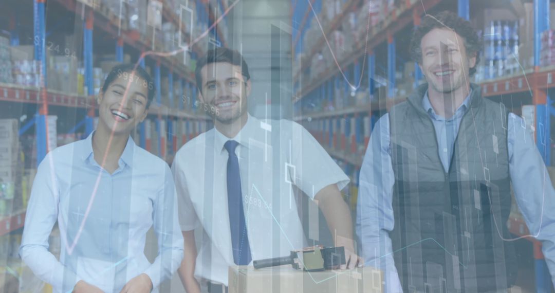 Warehouse Team with Digital Global Shipping Graphics