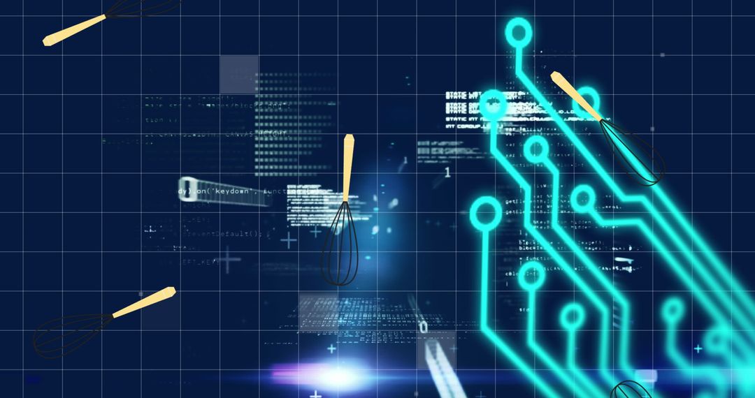 Whisks and Neon Circuits Overlaid on Digital Blue Grid