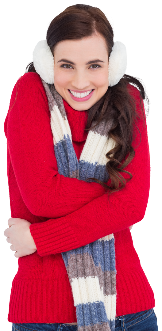 Smiling Brunette in Red Sweater Wearing Warm Winter Clothes Transparent Background - Download Free Stock Images Pikwizard.com