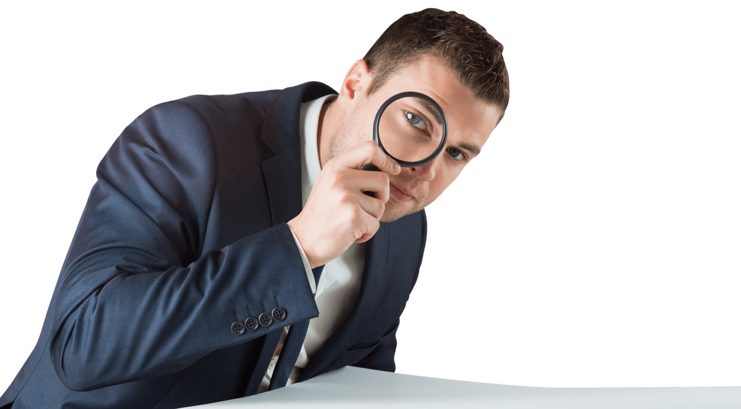 Transparent Businessman Examining with Magnifying Glass