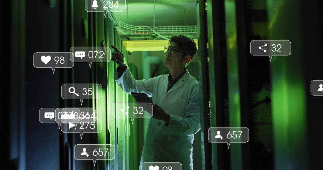 Asian Male IT Technician Monitoring Server with Social Media Integration