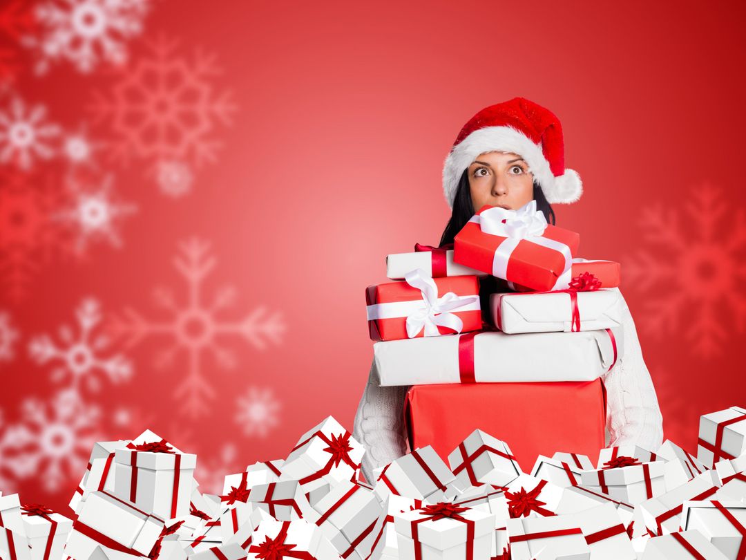 Overwhelmed by Gifts Woman Carrying Christmas Presents