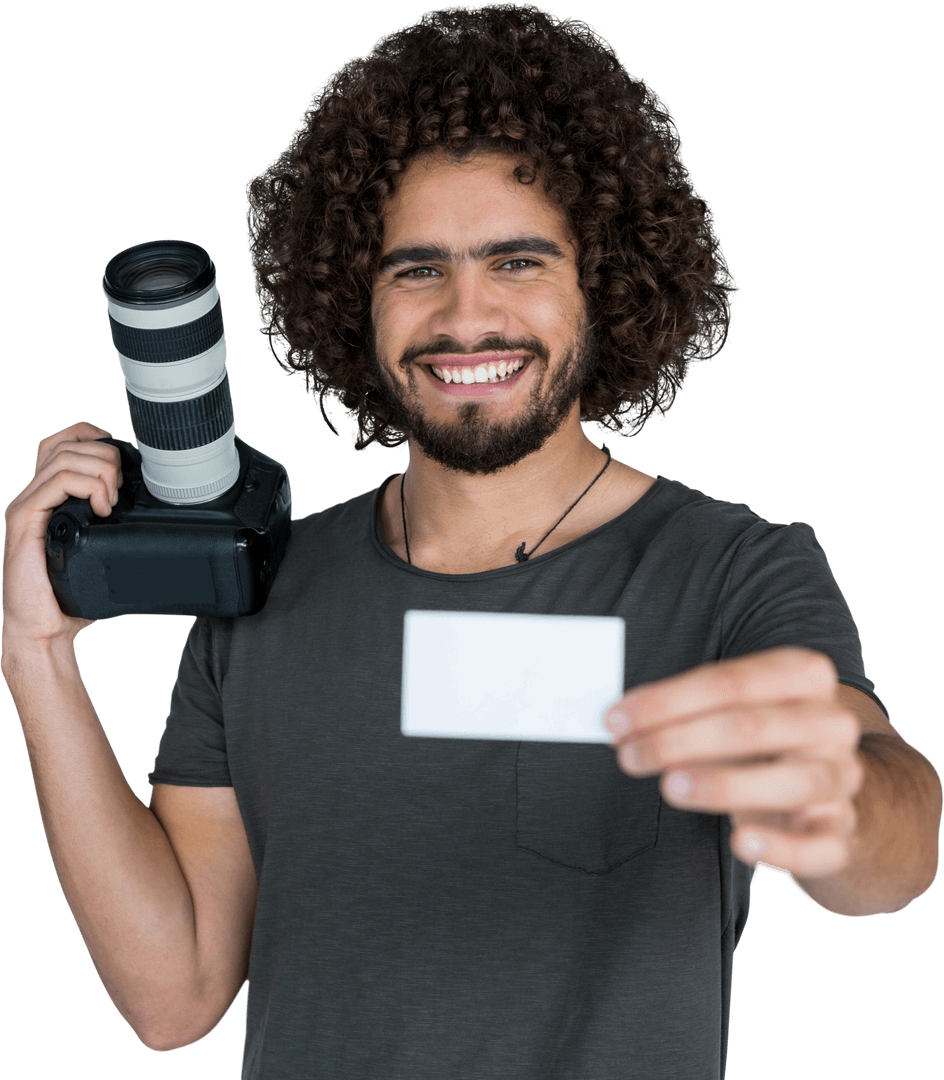Smiling Photographer Holding Card with Camera Equipment Transparent