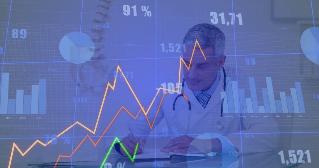 Doctor Analyzing Data with Overlay of Health Charts and Graphs