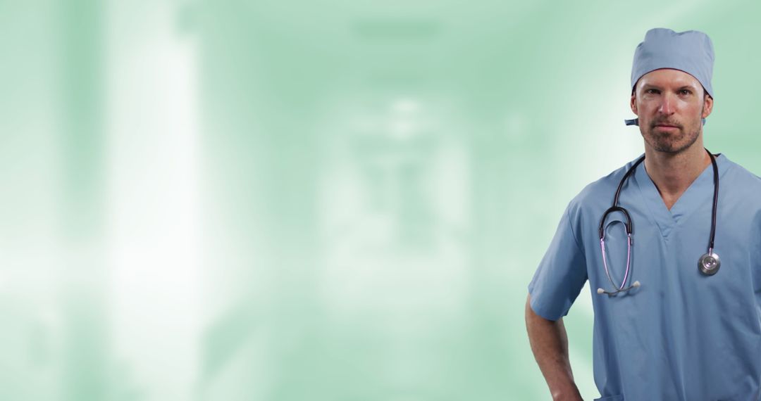 Confident Doctor in Surgical Attire with Stethoscope and Digital Interface