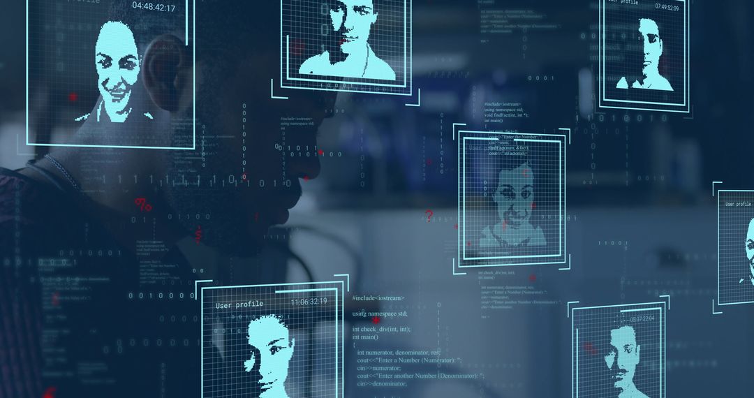 Cybersecurity Analyst Viewing Digital Interface with Faces