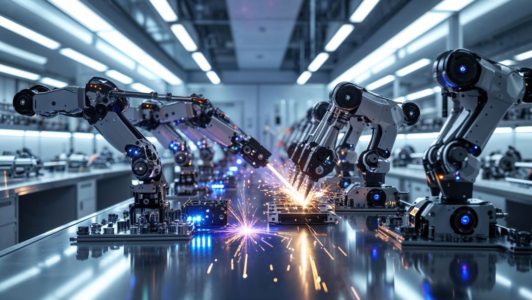 Robotic Arms in Action Welding in Modern Industrial Factory