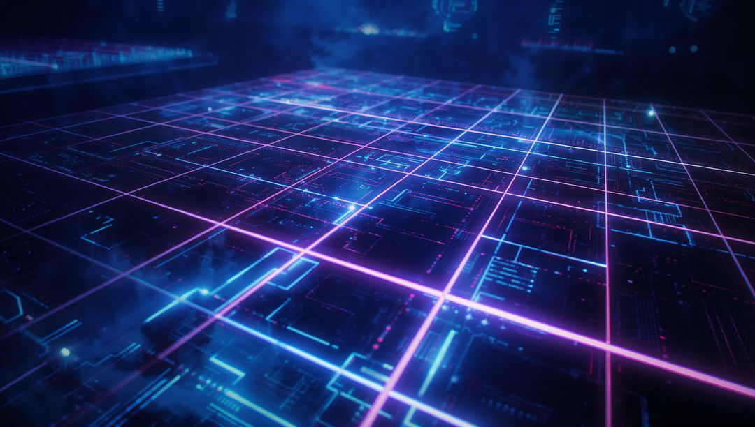 Futuristic Cyber Grid with Holographic Elements and Glowing Panels