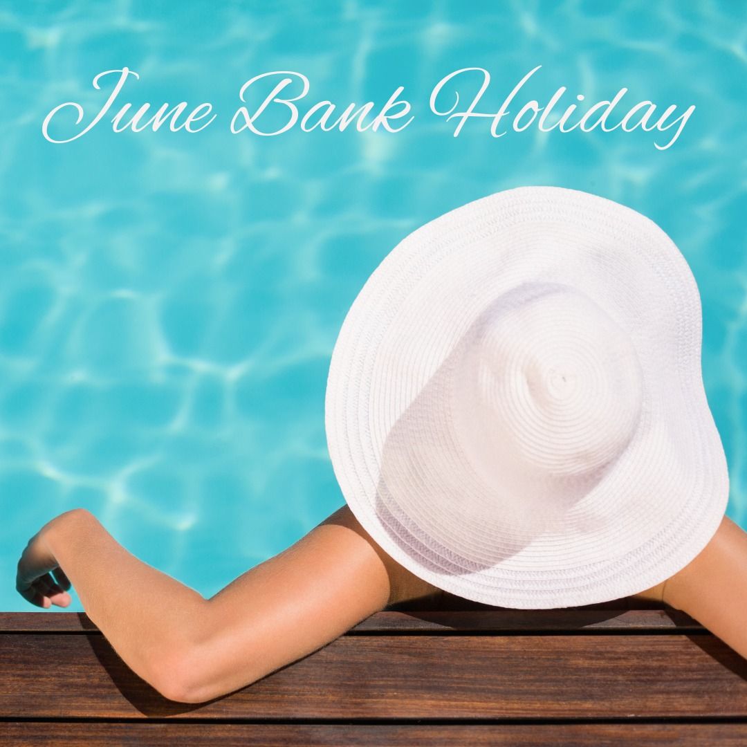 Digital composite image of june bank holiday text with cauasian woman wearing white hat in pool - Download Free Stock Templates Pikwizard.com