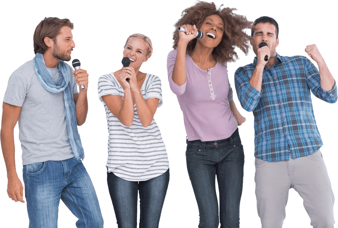 Diverse Group Joyfully Singing Asian Pop on Stage