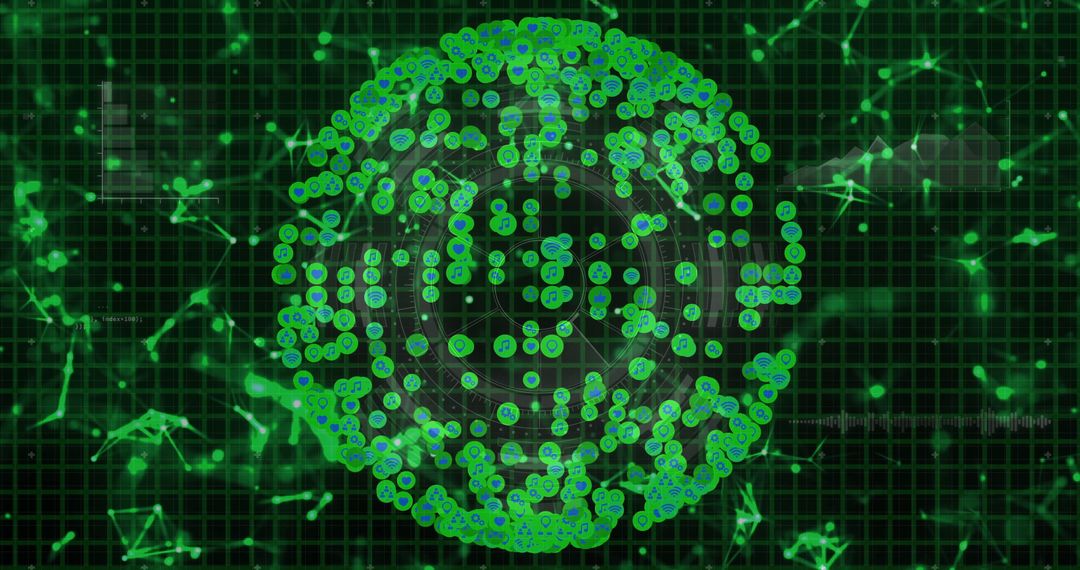 Futuristic Digital Network Sphere with Tech Icons and Glowing Nodes