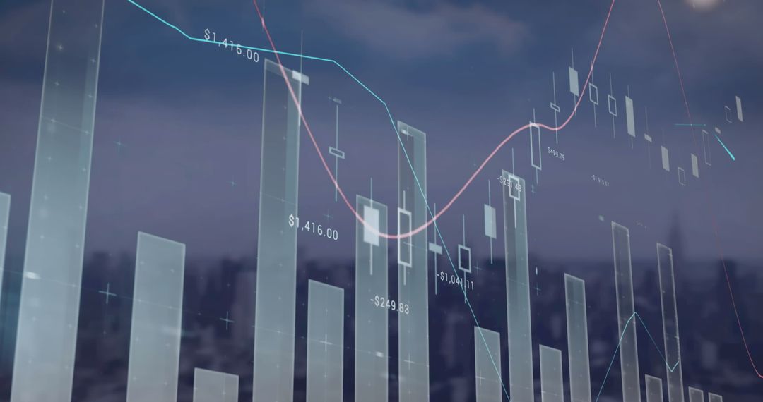 Digital Data Analysis Overlay on Cityscape Skyline