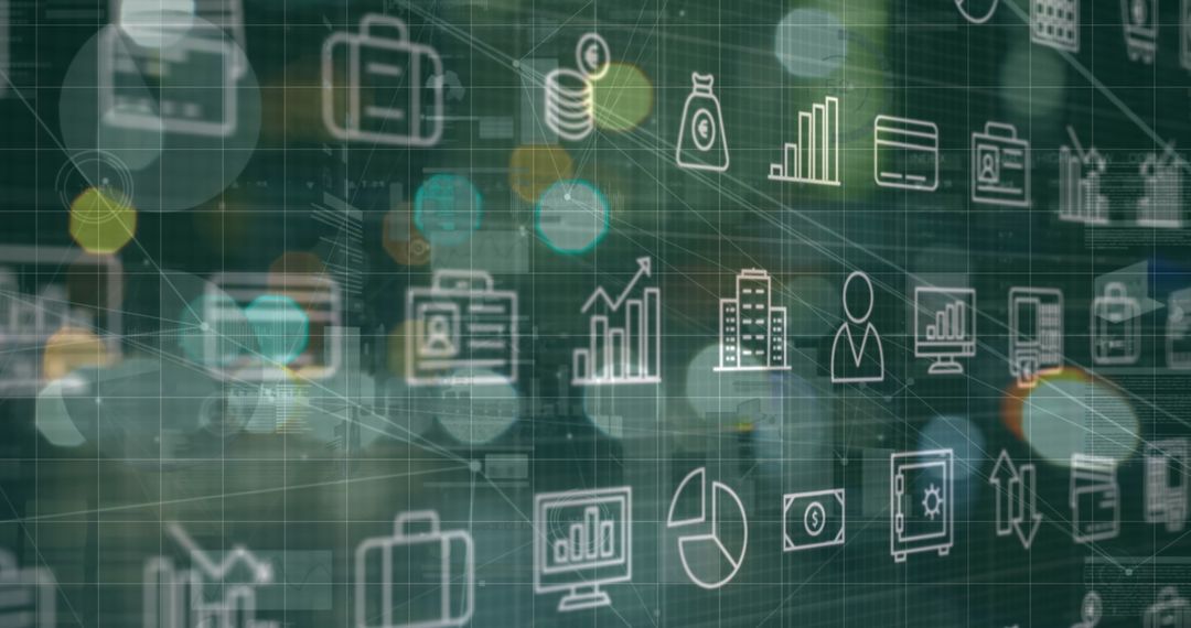 Digital Interface with Finance Icons Overlapping Urban Background