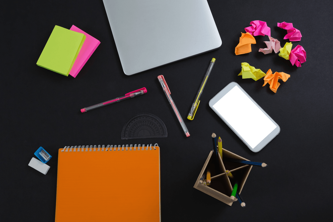 Transparent Workspace Stationery with Laptop and Smartphone Top View