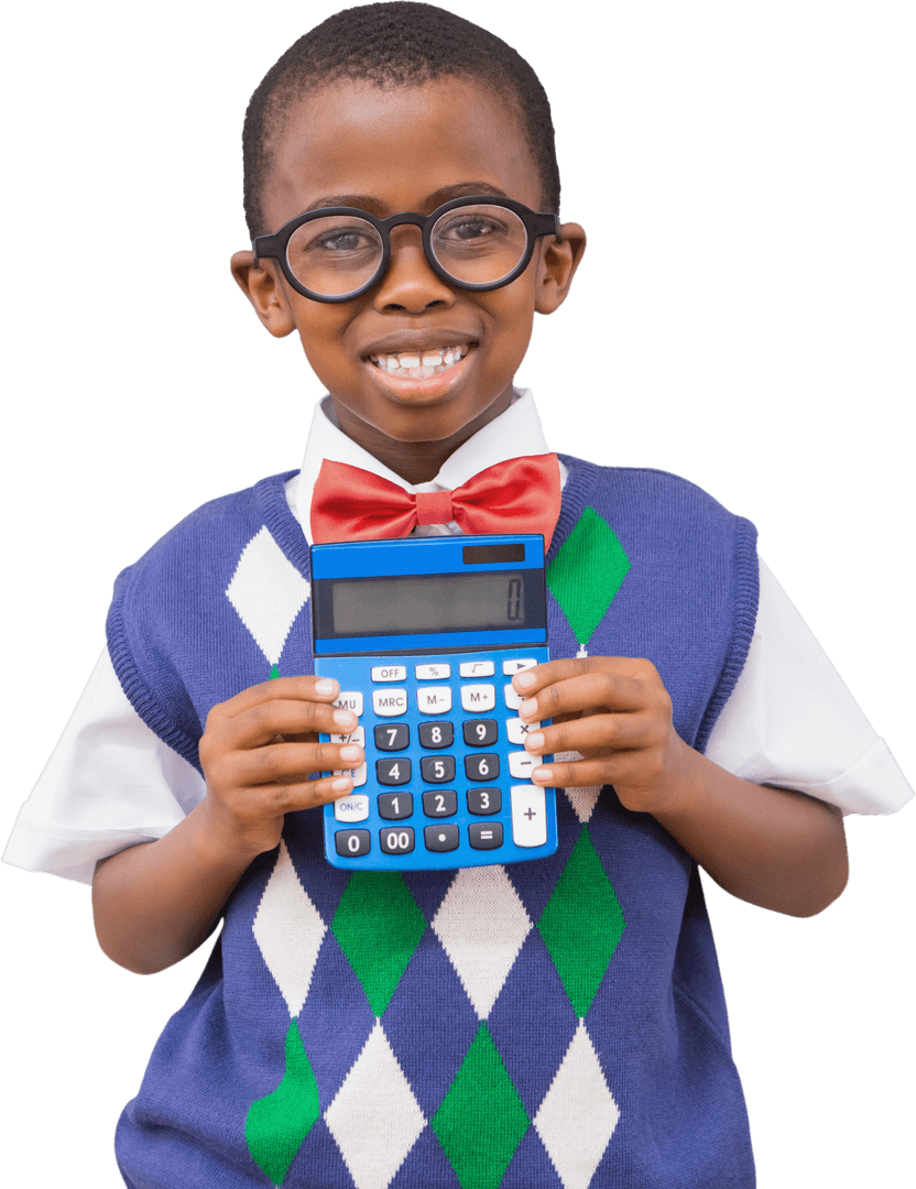Smiling Schoolboy with Calculator Promoting Math Education Transparent