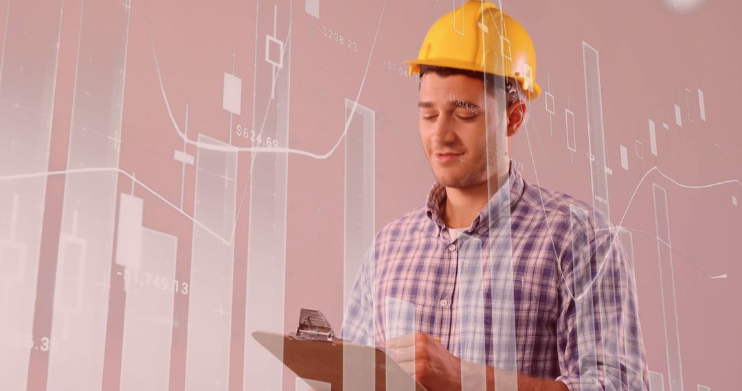 Engineer Reviewing Financial Reports with Digital Overlay