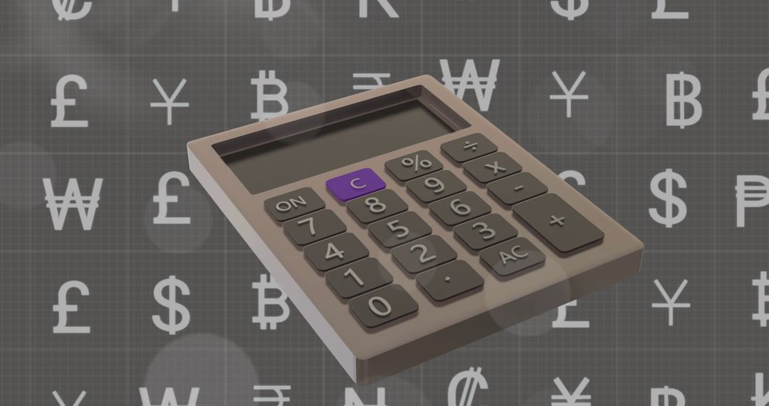 Digital Calculator on Global Currency Symbols Background