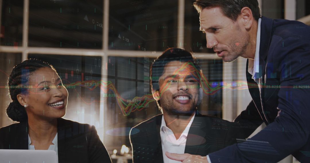 Diverse Team Engaged in Financial Strategy Discussion Over Digital Interface