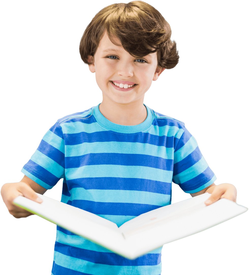 Smiling Boy Holding Open Book on Transparent Background