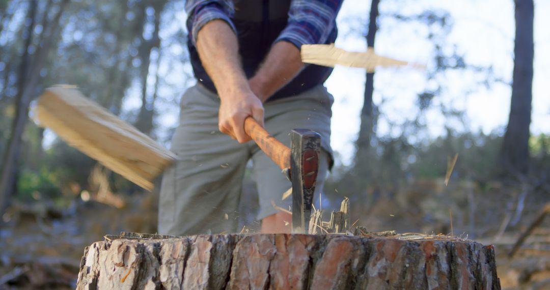 Man Chopping Wood Outdoors with Blurred Forest Background - Free Images, Stock Photos and Pictures on Pikwizard.com