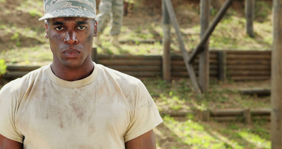 Determined African American Soldier in Training Environment