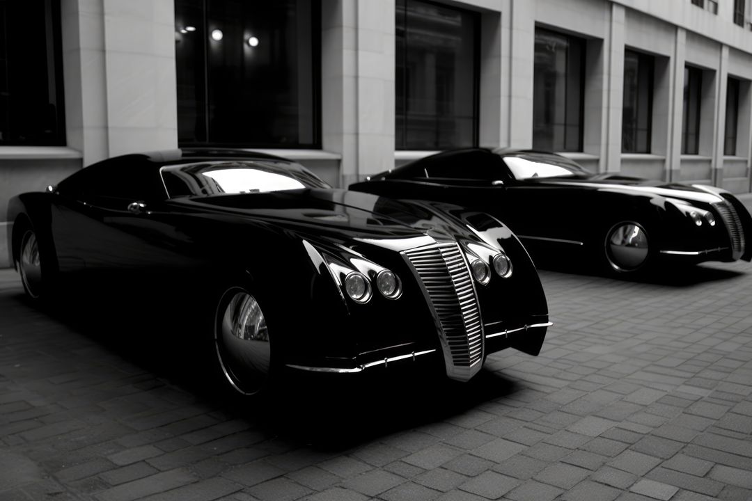 Two sleek black vintage cars parked outdoors, showcasing classic design - Free Images, Stock Photos and Pictures on Pikwizard.com