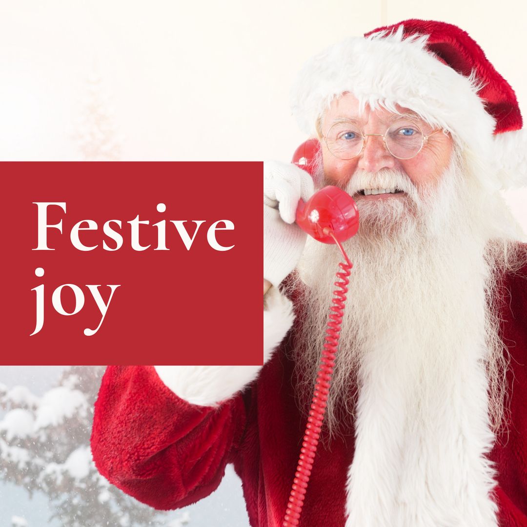 Santa Claus Talking on Red Telephone Holding Festive Joy Text - Download Free Stock Templates Pikwizard.com