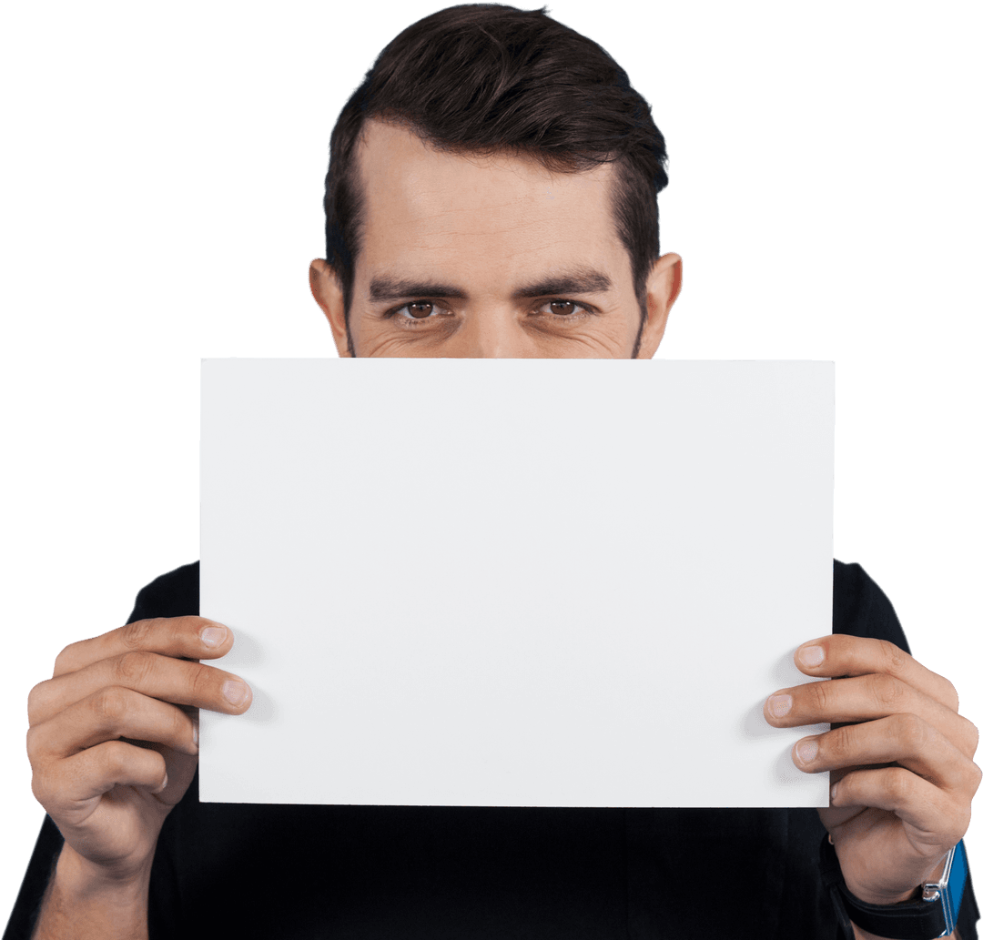 Young Man Hiding Behind Transparent Cardboard for Mystery Concept