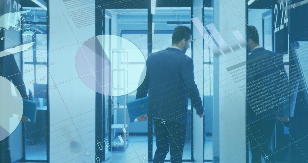 Businessman Walking Inside High-Tech Data Center with Digital Overlays