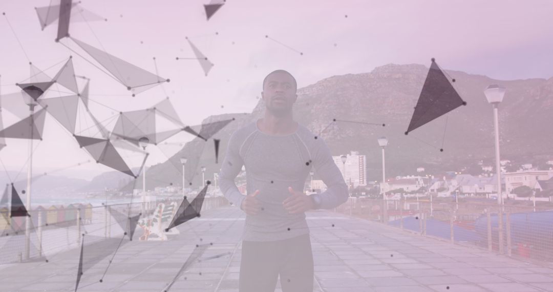 Digital Interface with Athlete Running Outdoors Promenade